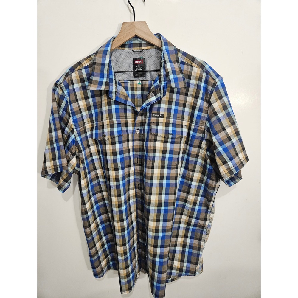 Wrangler Mens 2XL Blue‎ Brown Plaid Short Sleeve Button Down Shirt 112336151